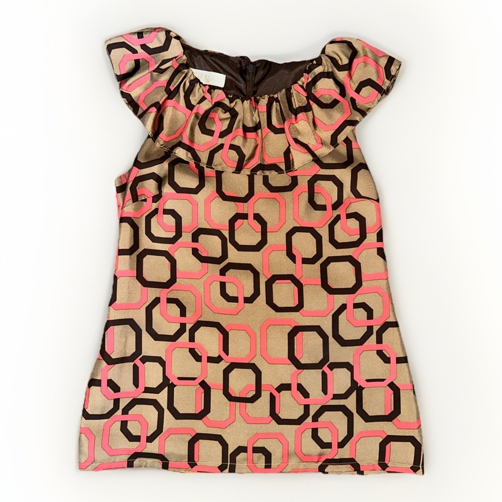 Britt Ryan Ruffle Neck Sleeveless Silk Blouse 4 Latte, Coral, Mocha Geometric